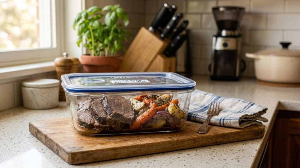 cooked roast stored and ready to reheat.