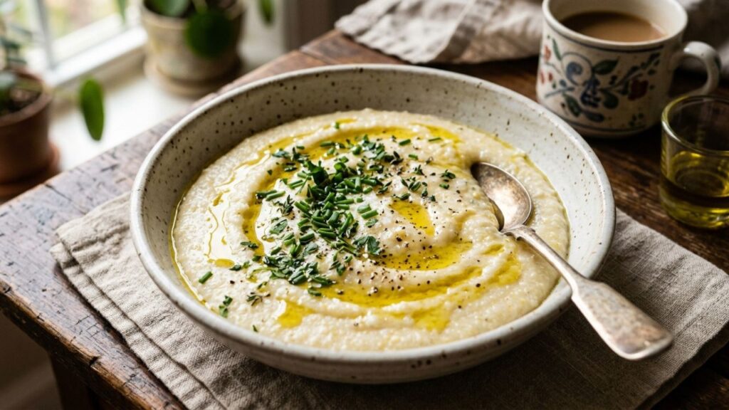  Creamy whole grain grits served with toppings