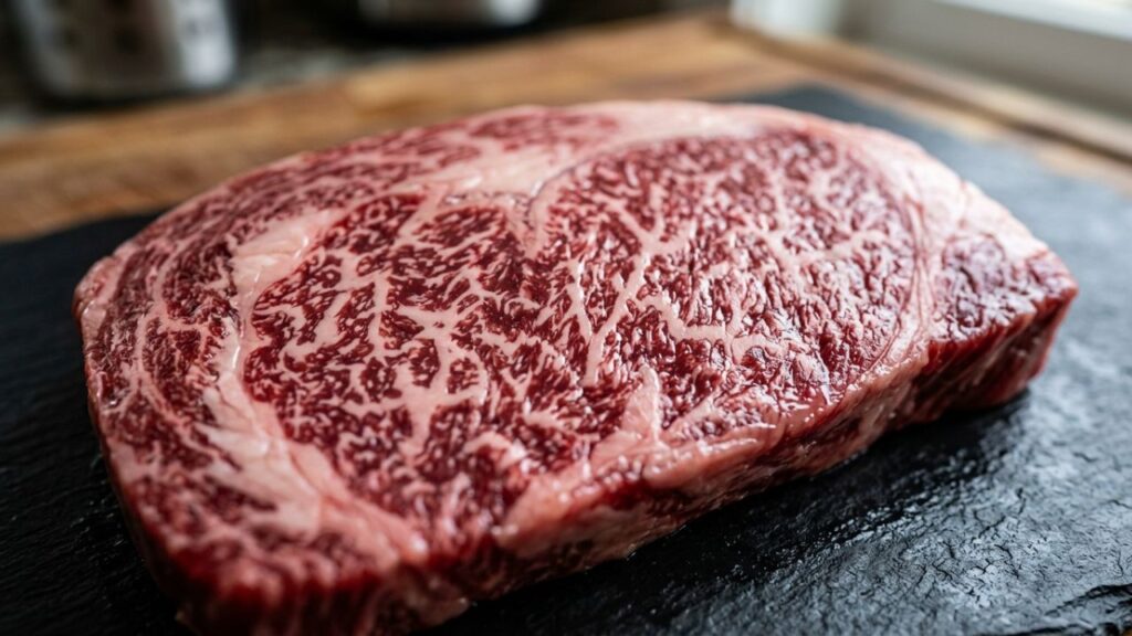 Raw Wagyu beef with visible marbling.