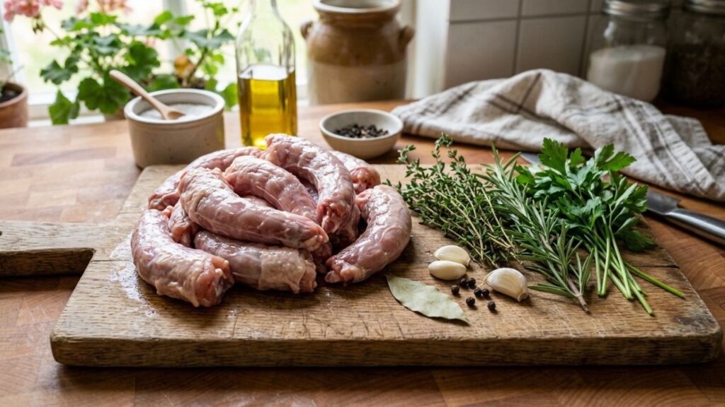 Raw chicken necks on a cutting board with herbs.