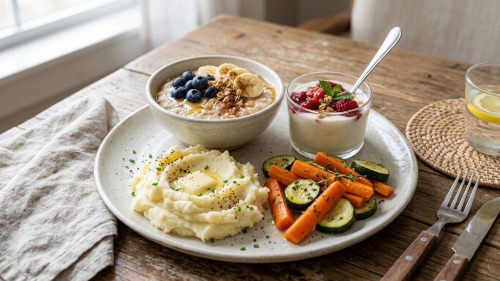 Examples of soft foods like yogurt, oatmeal, and mashed vegetables