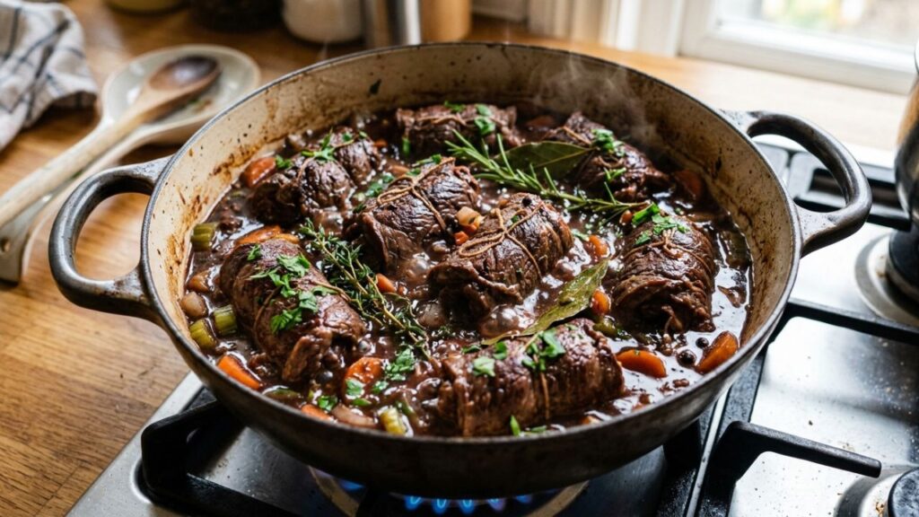 Beef cheek rolls cooking in rich sauce