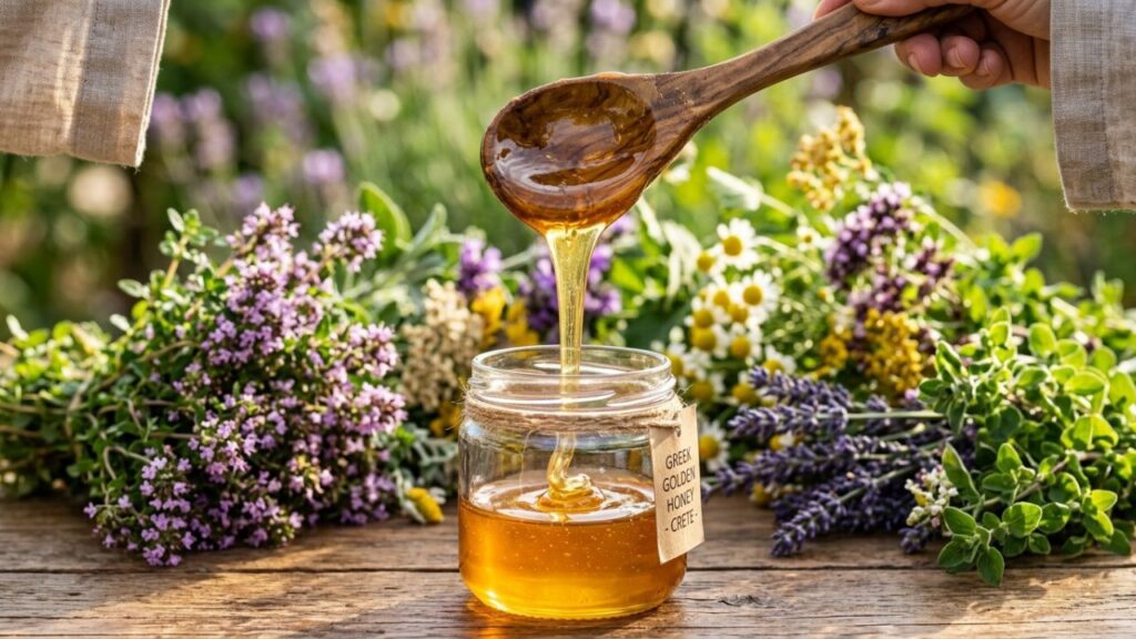 Thick Greek honey being poured into a jar with herbs in background