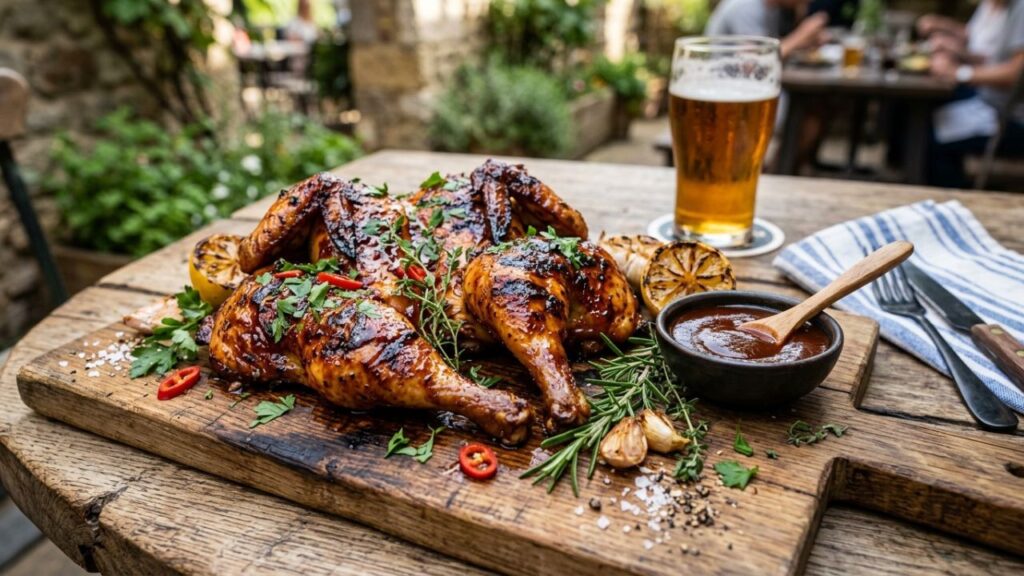  Close-up of glazed heavenly BBQ chicken with fresh herbs.
