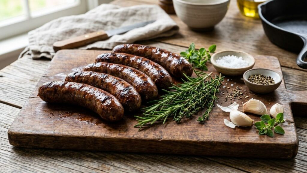 Kurobuta sausages with herbs on a cutting board