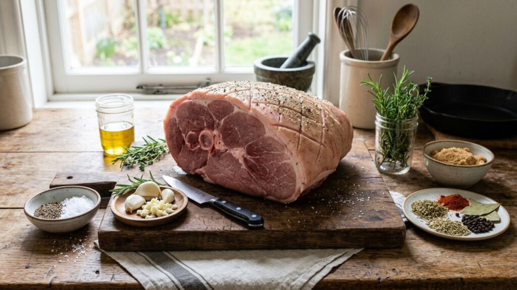 Raw pit ham with herbs and spices.