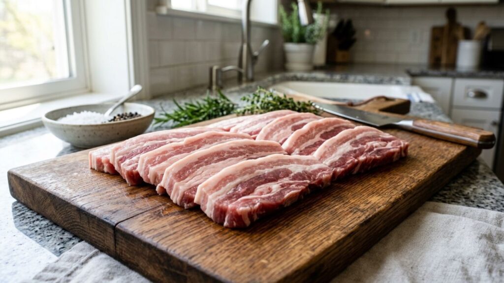 Raw side pork slices showing fatty and meat layers before cooking
