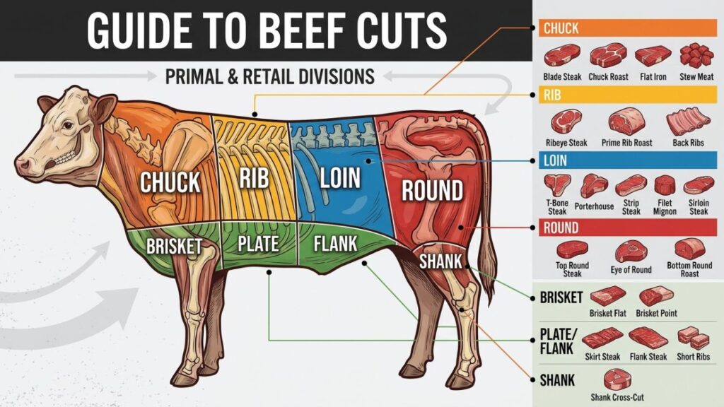 Various beef cuts from a quarter cow on a wooden board.