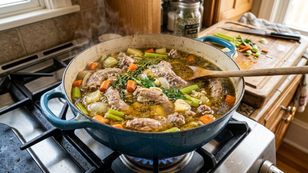  Chicken necks simmering in a pot with vegetables.