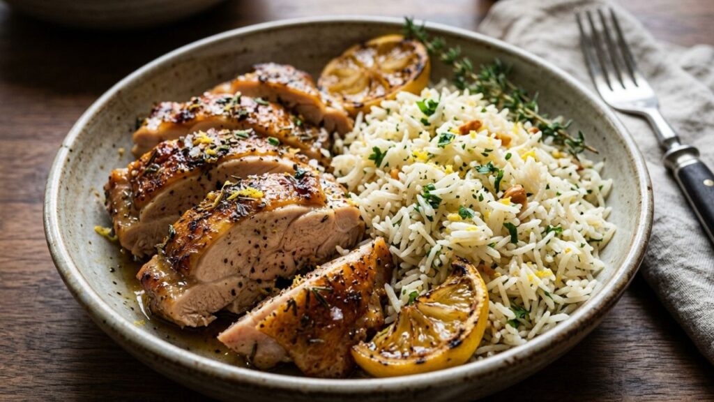 Chicken and orange-infused rice in a bowl.