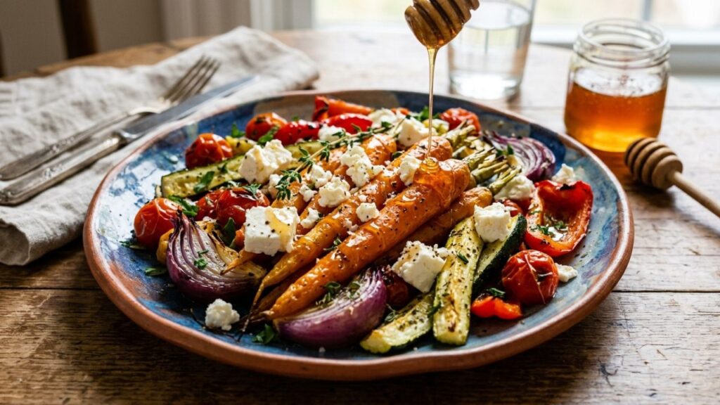 Greek honey drizzled over roasted vegetables and feta cheese