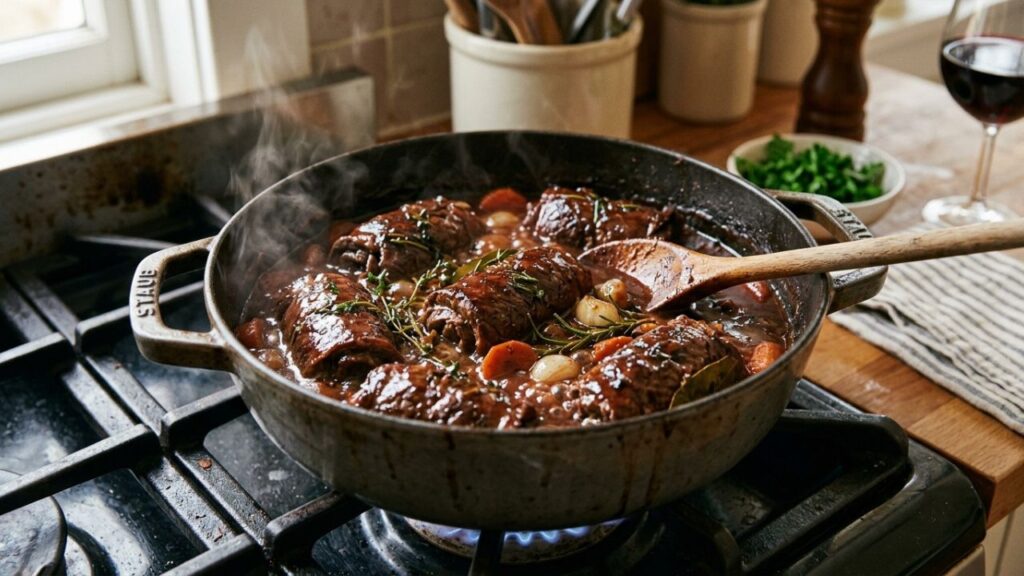 Rich sauce and herbs, highlighting layered flavors and cooking techniques.