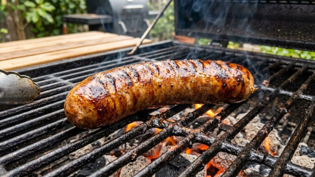 Grilled Kurobuta sausage with golden brown exterior.