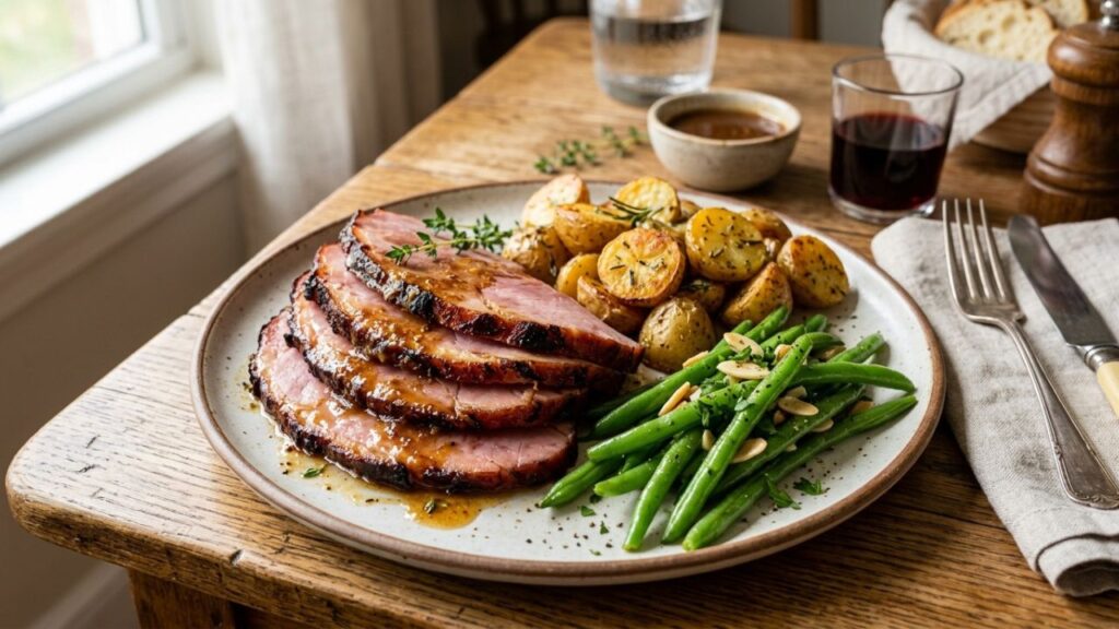 Sliced pit ham with roasted vegetables.