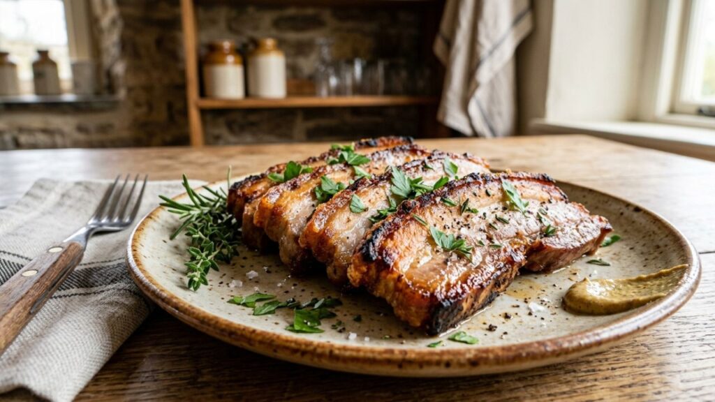  Close-up of cooked side pork with crispy edges and tender interior