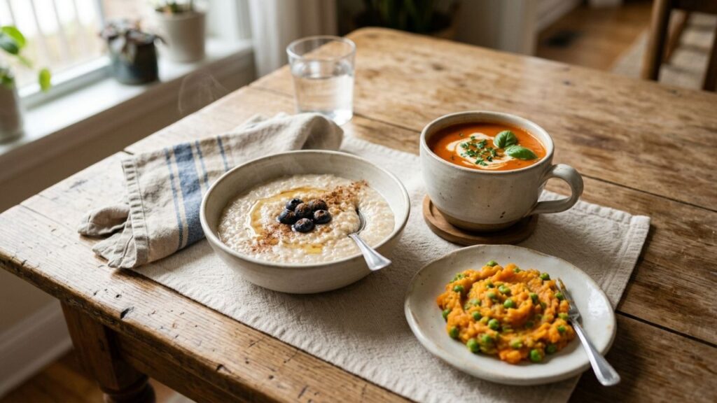 Soft everyday meals like oatmeal and soup for easy eating