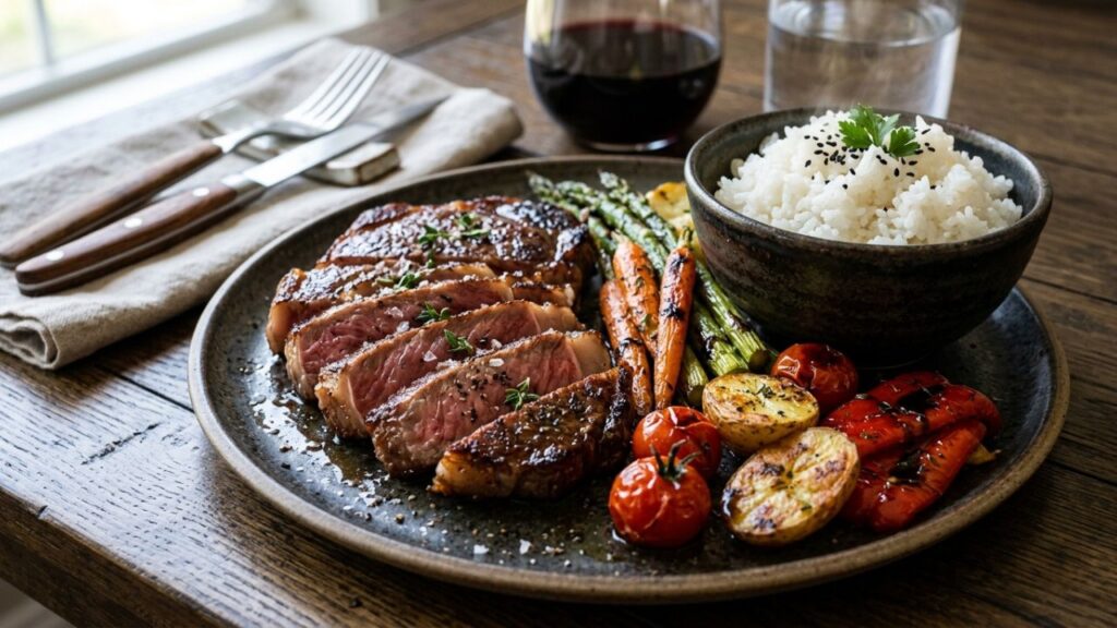 Wagyu beef served with balanced sides.