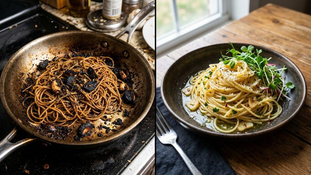  Pan overheated with burnt garlic next to a properly cooked truffle sauce pan