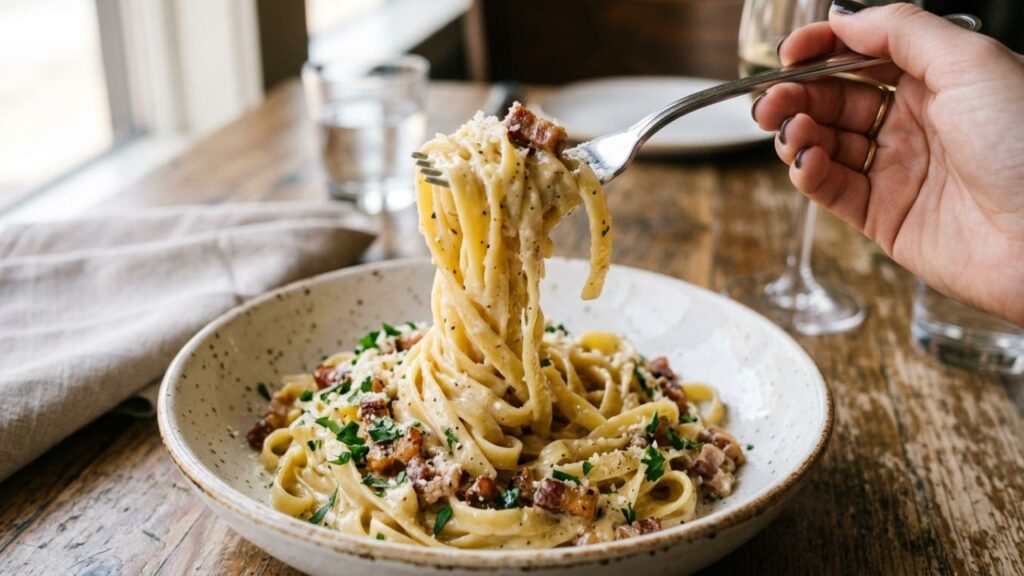 Pasta coated in sauce with black truffle sauce