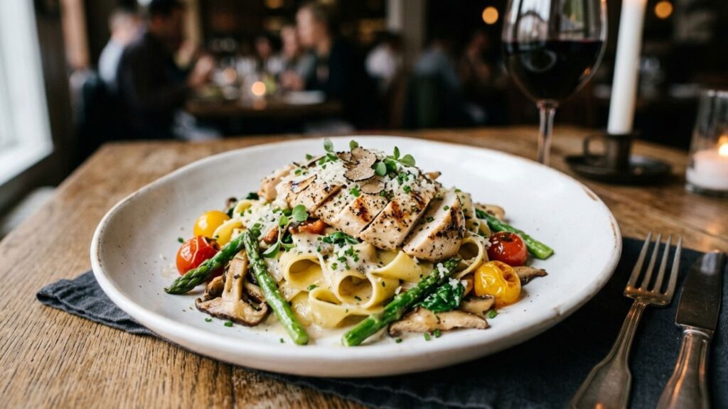 Plate of vegetables, grains, and lean protein lightly accented with truffle sauce