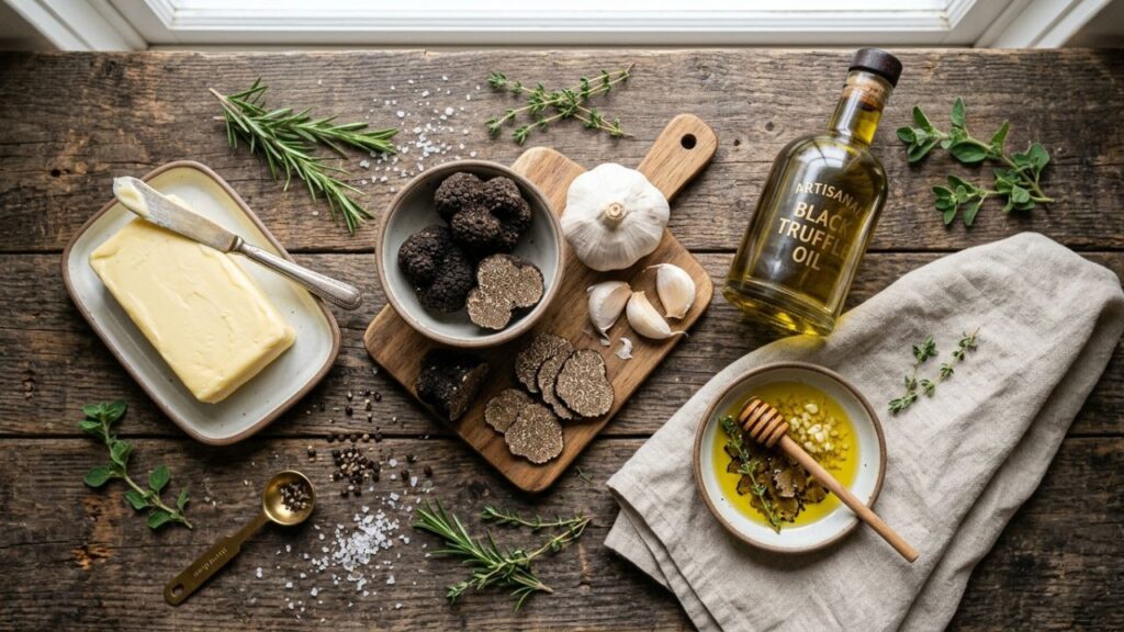 Cooking black truffle sauce in pan for creamy gourmet texture
