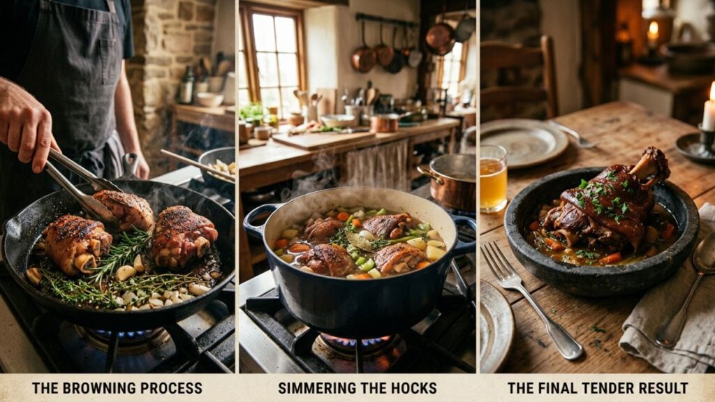 Fresh ham hocks browning and simmering.