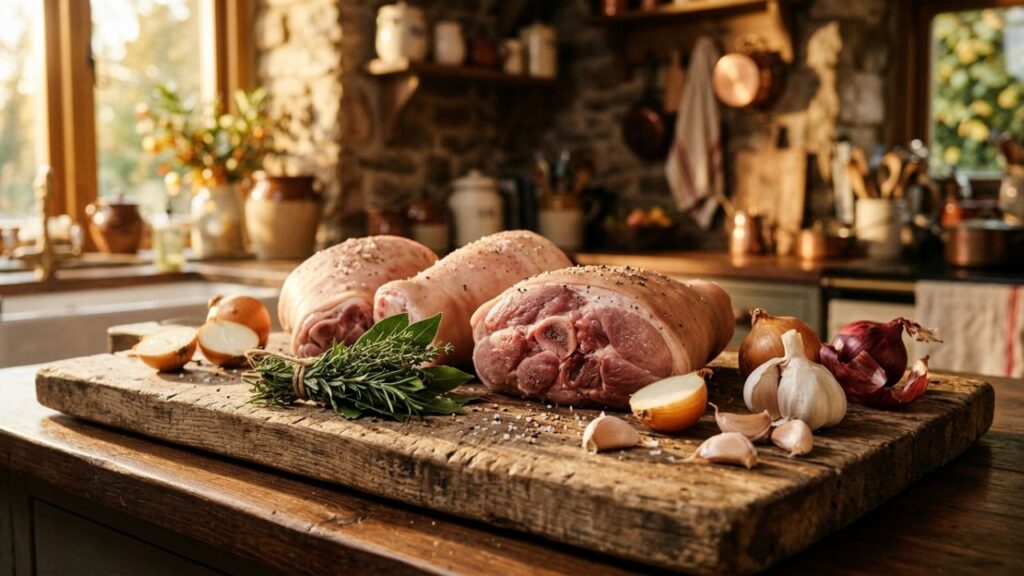 Raw fresh ham hocks ready for cooking with aromatic vegetables.