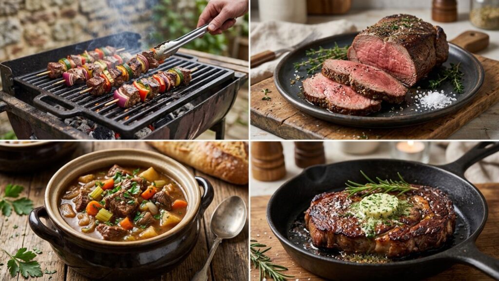 Highland beef roasting in a pot with vegetables
