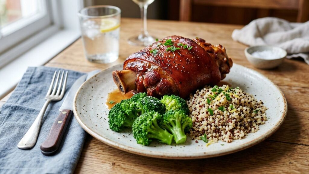  Nutritious plate with ham hocks, fresh vegetables, and grains.