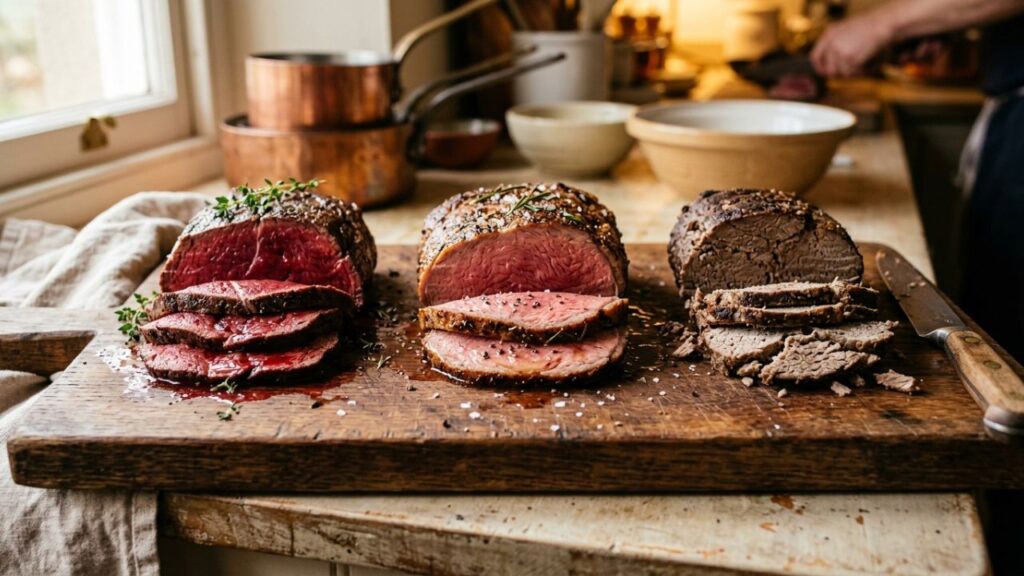 Different doneness levels of cooked Highland beef