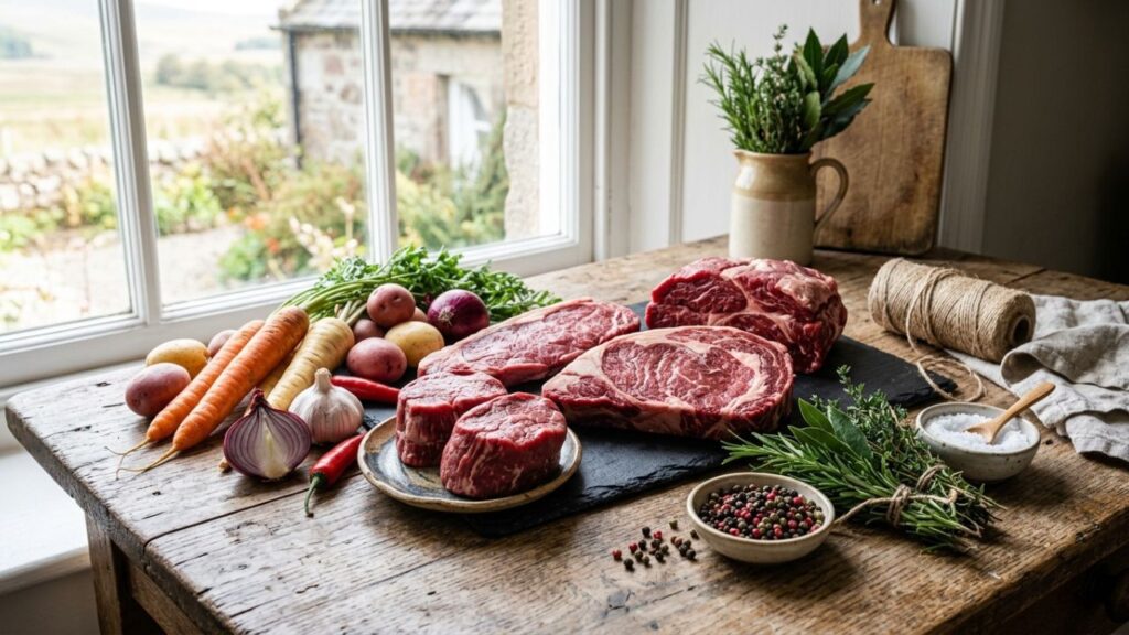 Raw Highland beef cuts arranged with herbs and vegetables