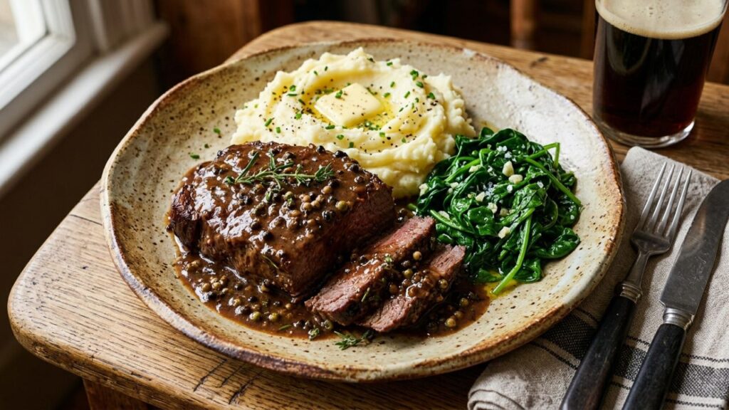 Cooked Highland beef with vegetables and mashed potatoes