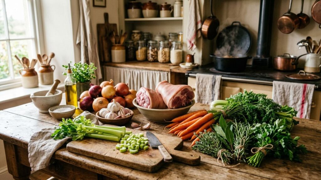 Ingredients prepared for cooking fresh ham hocks.