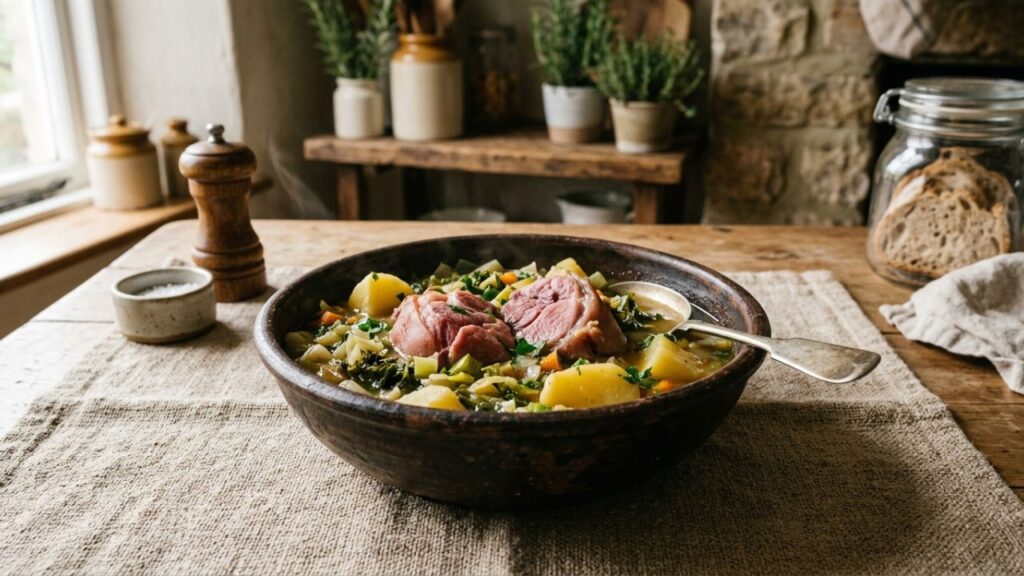 Slow-cooked ham hocks with vegetables for home-style meals.
