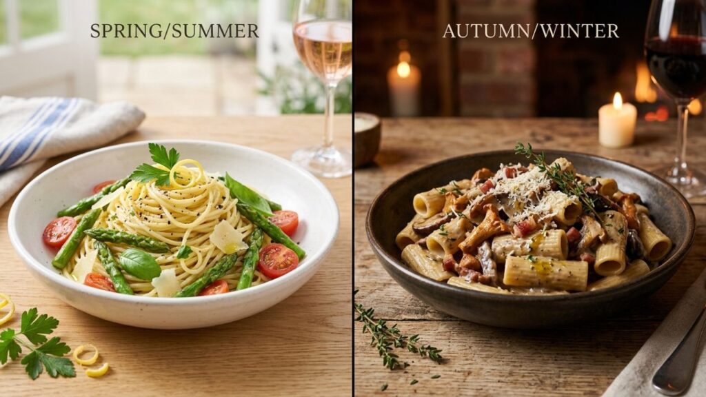 Two plates showing light summer pasta and rich winter truffle dishes side by side