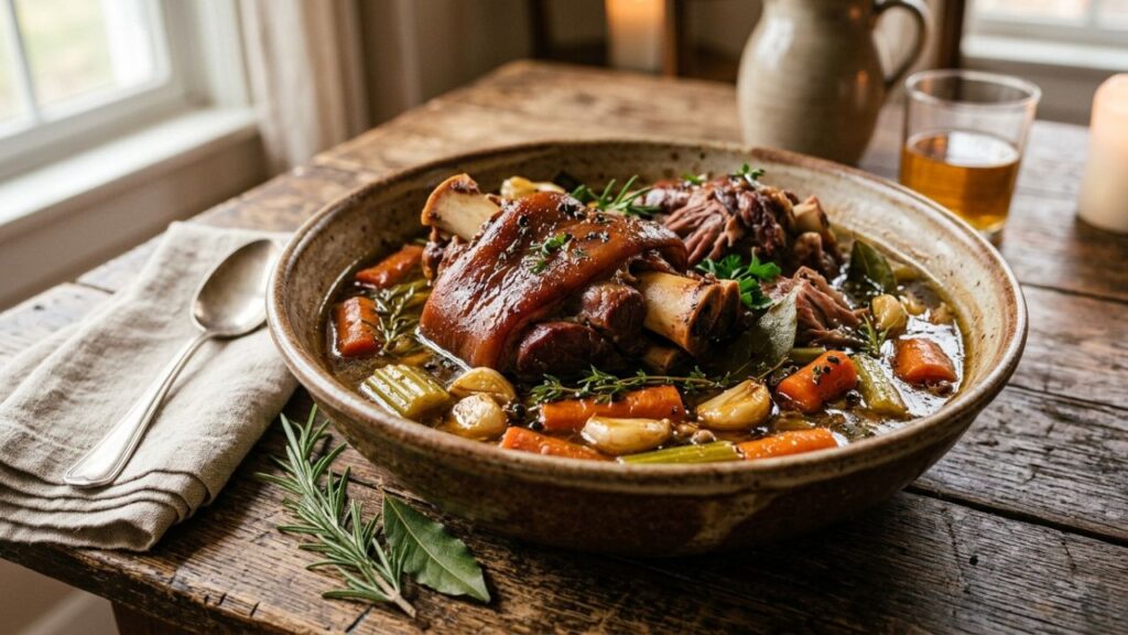 Cooked ham hocks with vegetables and grains.