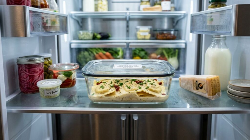 Glass container of truffle sauce sealed and stored in a refrigerator