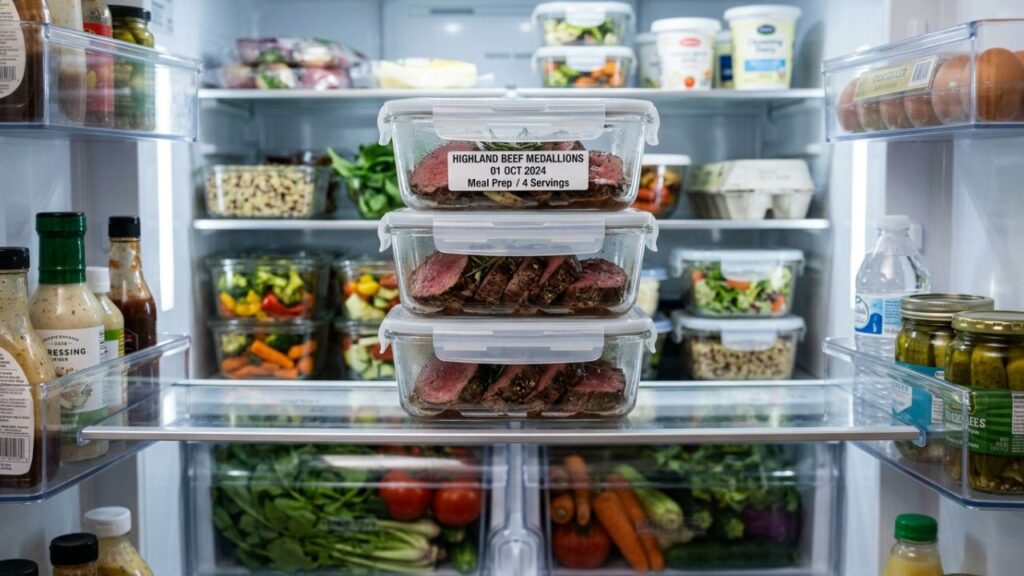 Cooked Highland beef stored in refrigerator containers