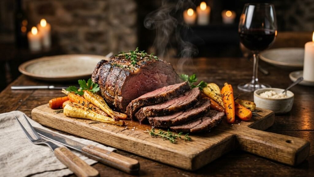 Sliced Highland beef roast served with roasted vegetables on a wooden board