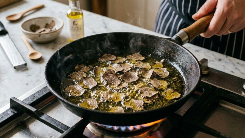 black truffle sauce in pan gently heating for rich flavor