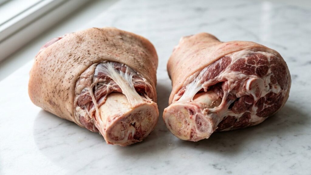  Raw fresh ham hock showing meat, skin, and bone.