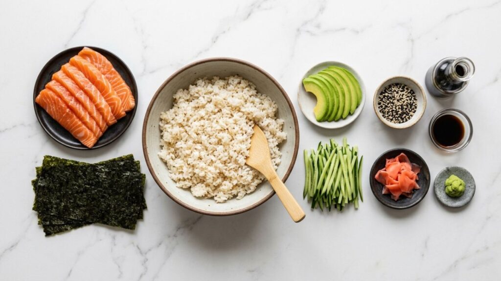Salmon avocado rice and nori for sushi