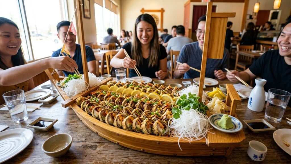Vegas Roll Sushi with side dishes and sauce