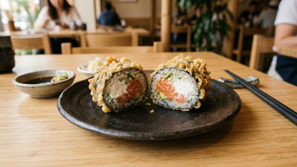 Crispy sushi roll with soft creamy filling inside