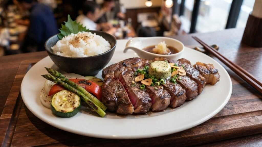Steak serving ideas with rice and vegetables