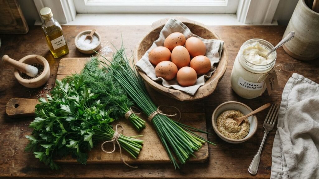 mayonnaise, mustard, and fresh herbs arranged as ingredients for a creamy egg appetizer.