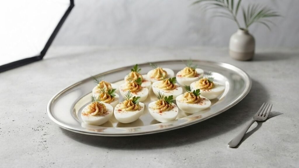 A serving platter filled with creamy stuffed eggs garnished with paprika and fresh herbs.
