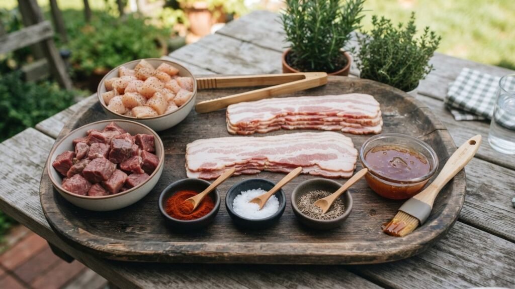 Bacon wraps cookout ingredients prepared at home.