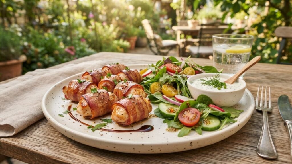 Bacon wraps cookout served with fresh sides.