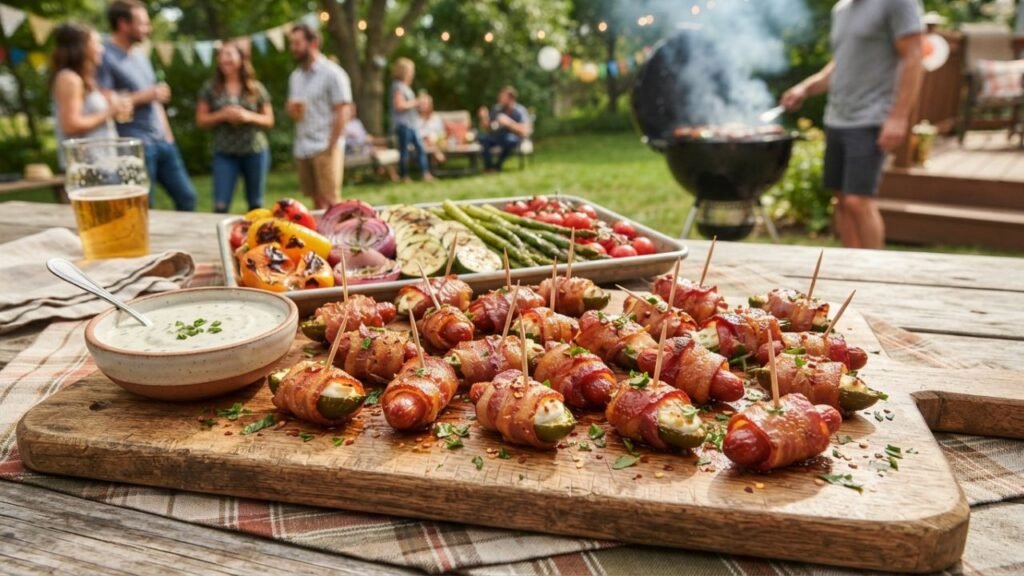 Bacon wraps cooked until golden and crispy and served at a backyard cookout.